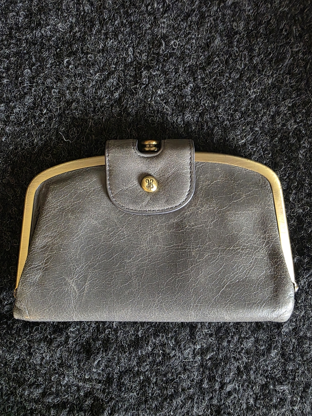 HOBO Grey Leather Frame Clutch Wallet with Gold Accents